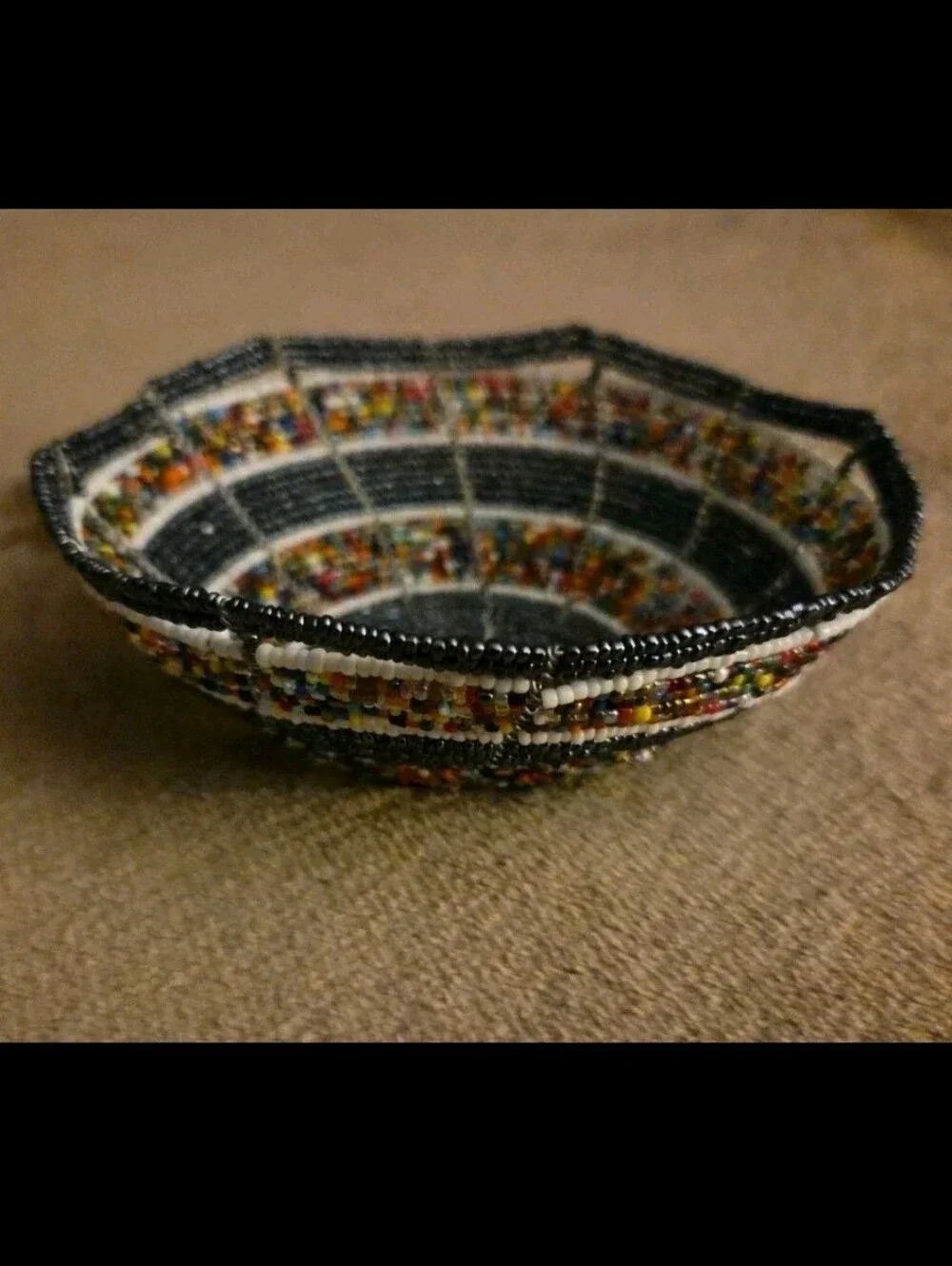 Handcrafted Glass Bead Basket Blue And Multicolor Scalloped Edge 5
